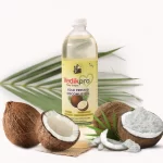 A product photography example featuring a commercial Vedikpro Cold Pressed Coconut Oil bottle with real coconuts, emphasizing the natural ingredients.